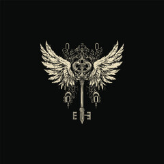 Obraz premium Medieval key with wings vintage design vector template illustration