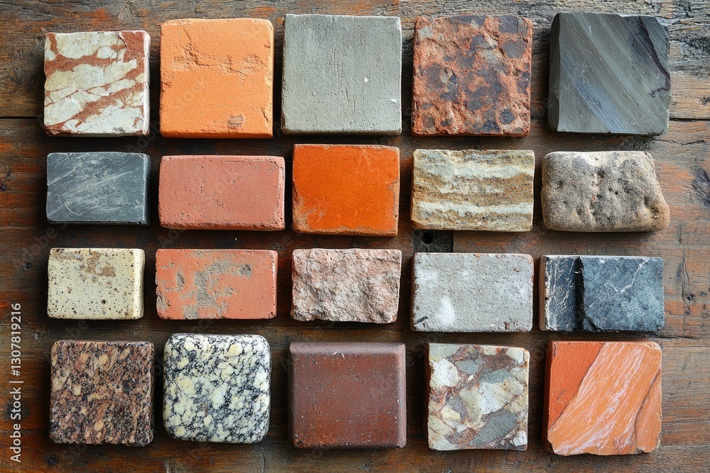Poster a collection of twenty square tiles showcasing diverse textures and colors of stone and brick.