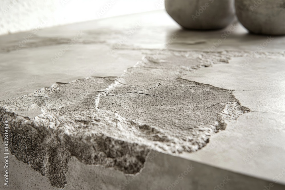 Poster close-up of a textured concrete surface with a rough, eroded edge, showing unique details and materi