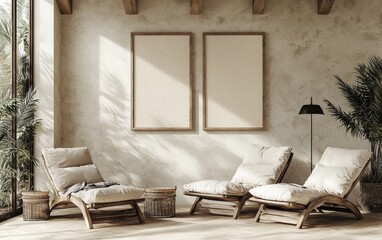 Two beige lounge chairs, wooden frames, plants, sunlight, textured wall.