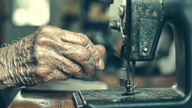 Elderly artisan sewing with an old machine in a workshop, showcasing craftsmanship and skill
