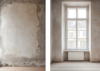 Empty room with a window and a patched wall.