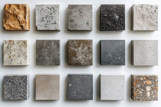 A collection of twelve square samples showcasing diverse textures and colors of concrete.