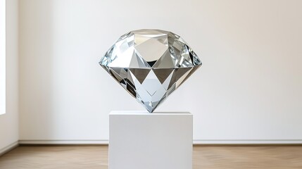 Contemporary installation eye-level perspective on reflective diamond sculpture in modern gallery