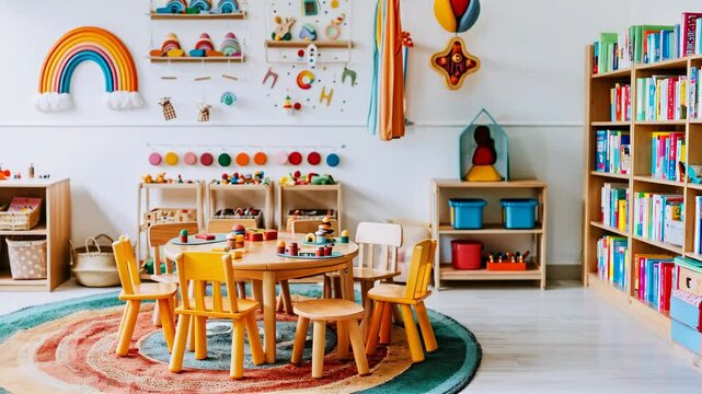 Stylish playroom design featuring wooden furniture and colorful toys for a child care center