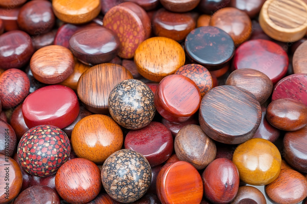 Poster collection of round handcrafted wooden objects with varied texture