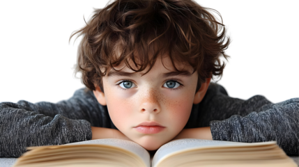 Child Reads Open Book, Education, Isolated on White Background