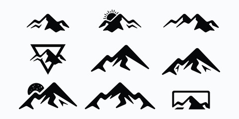 collection of abstract mountain silhouette logo designs with black color on white background for adventure and adventure