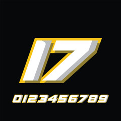 racing number 17 with racing effect, for racing, racing, sports in yellow and white on black background