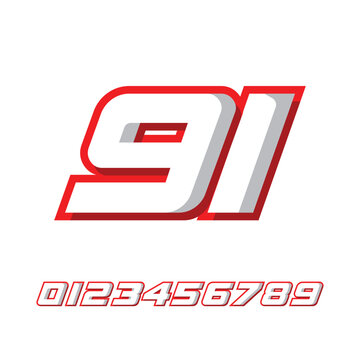racing number 91 with racing effect, for racing, racing, sports in red and white on white background