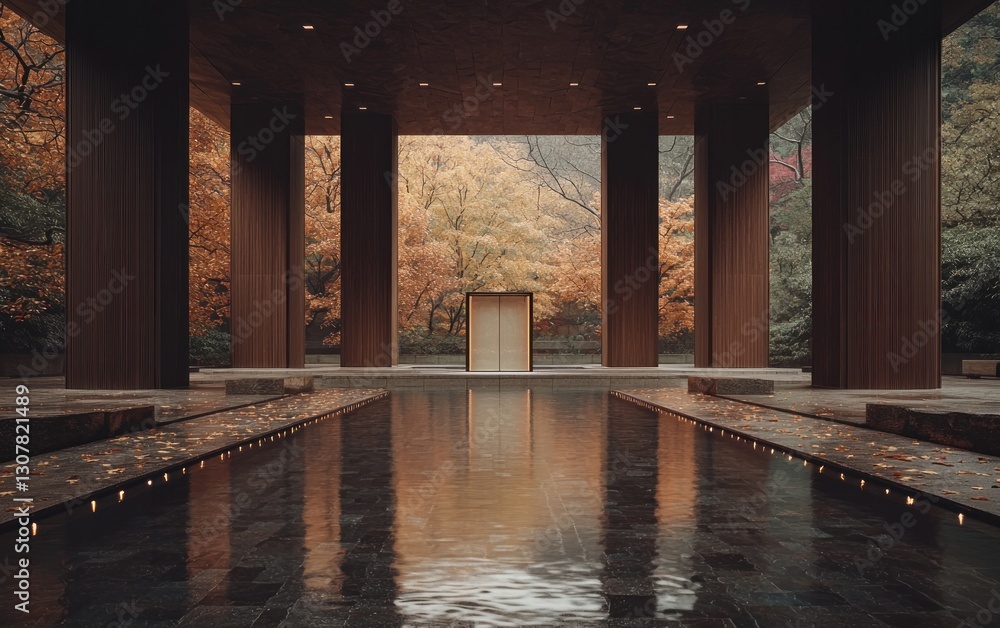 Poster Autumnal reflection in minimalist architecture.