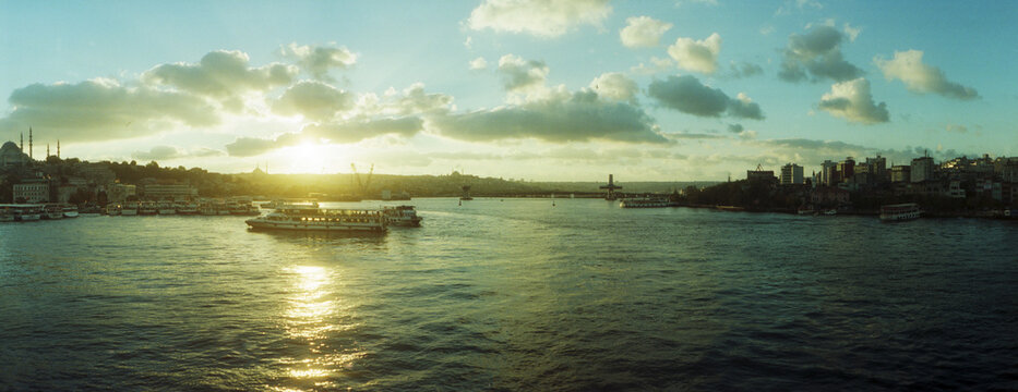Panoramic view of Bosphorus Strait at sunset, Istanbul, Turkey.