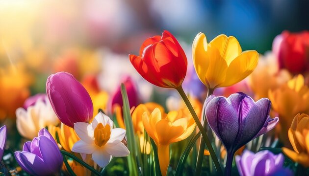 A vibrant close-up of a variety of spring flowers, such as tulips, daffodils, and crocuses, in full bloom. The colors pop against a soft, blurred background, evoking feelings of renewal and growth.