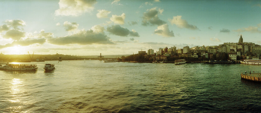 Panoramic view of the Bosphorus Strait at sunset, Istanbul, Turkey.