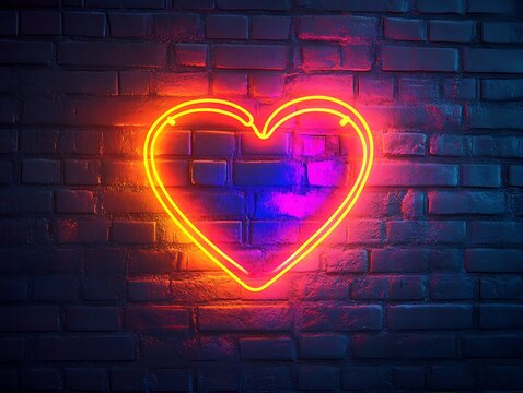 A neon illuminated heart is fixed on brickwork