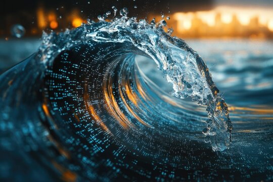 Ocean wave with digital code inside, symbolizing data flow and digital transformation.