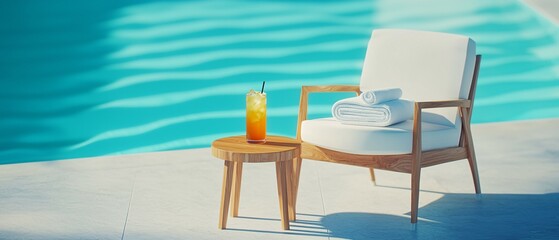 Fototapeta premium A relaxing scene with a beverage next to a pool chair