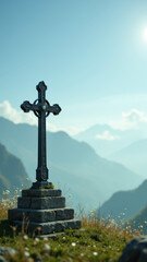 Stone cross on a mountain peak with a clear sky in the background.