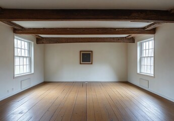 Obraz premium Empty room with wooden beams and wide windows.
