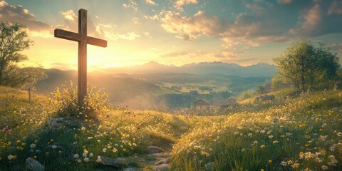 Scenic sunrise over a floral landscape with a wooden cross in the foreground and distant mountains