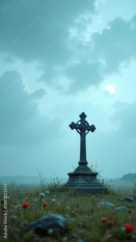 Poster a cross stands on a grave under a cloudy sky with a hint of sunlight.