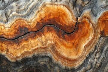 Obraz premium Stunning cross-section of a tree trunk, showcasing intricate, wavy grain patterns in warm, earthy tones.