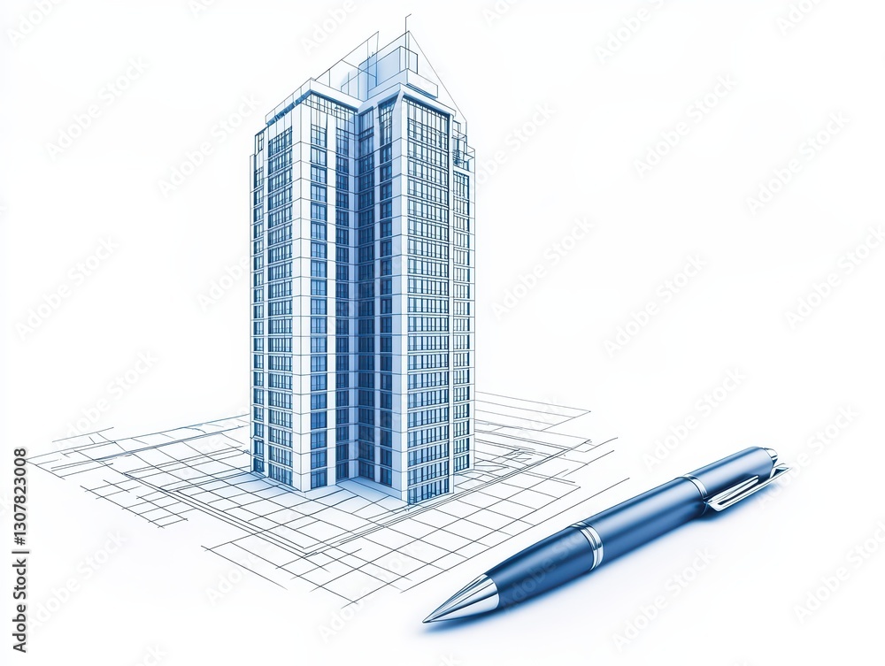 Aufkleber modern architectural design blueprint of a skyscraper with a pen for drawing concepts