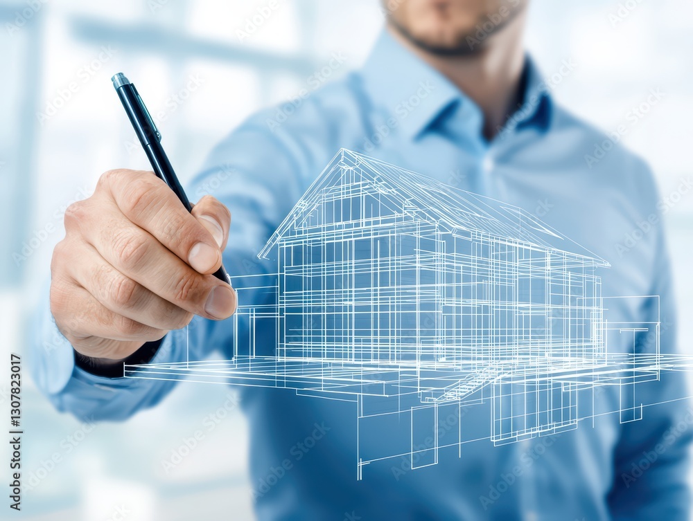 Poster modern architect sketching building blueprint with technical drawings and design concept
