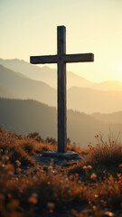 Christian cross on mountain top at sunrise.