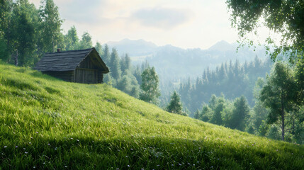 Obraz premium A gentle hillside covered in grass, with a small wooden cabin nestled at the edge of a forest