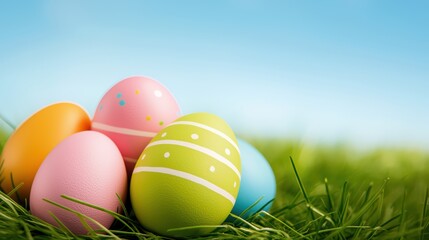 Fototapeta premium Colorful Easter Eggs in Grassy Meadow Creating a Playful and Cheerful Scene in Nature