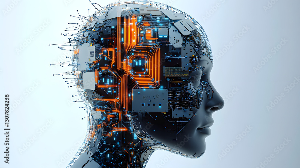 Poster realistic artificial intelligence. computer mind connections head. human head with circuit board ins