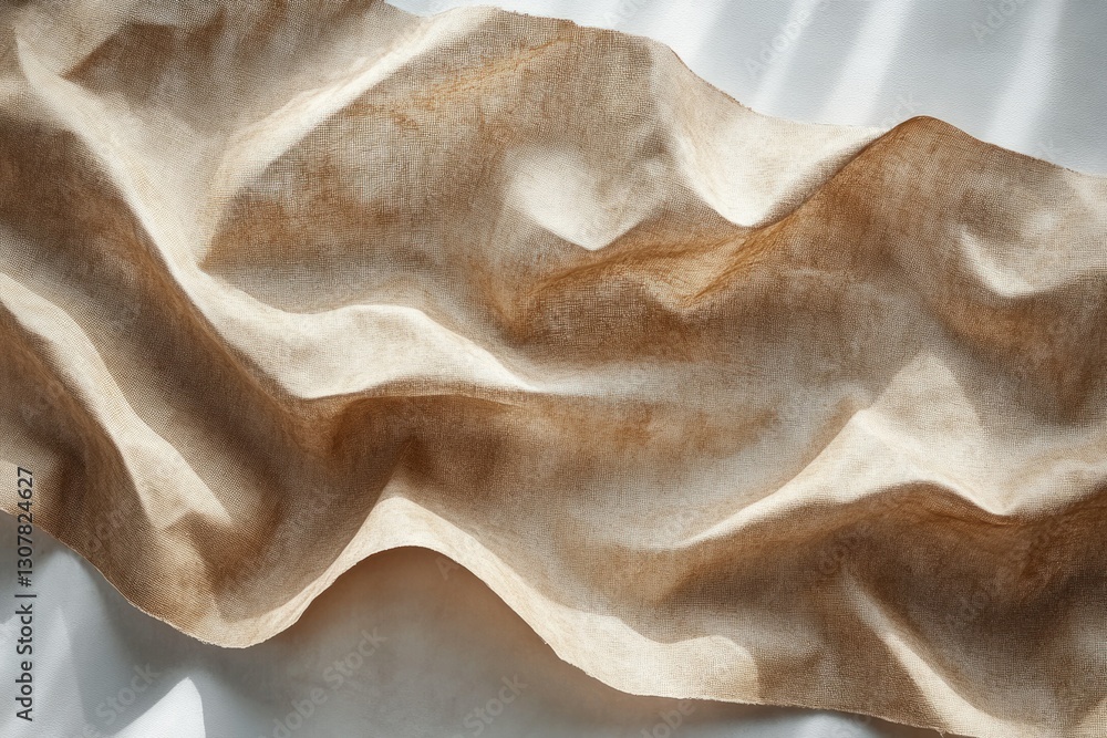 Poster draped beige linen fabric with subtle texture and light shadows, creating soft waves.