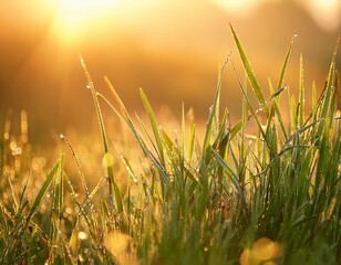 Fototapeta premium A detailed close-up of dewy grass blades bathed in the soft light of the early morning sun. The warm, golden glow enhances the natural beauty of the grass, symbolizing the freshness and growth 