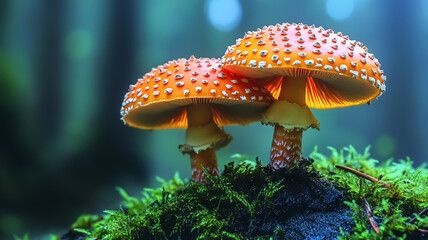 Amanita muscaria fly agaric mushrooms in the forest