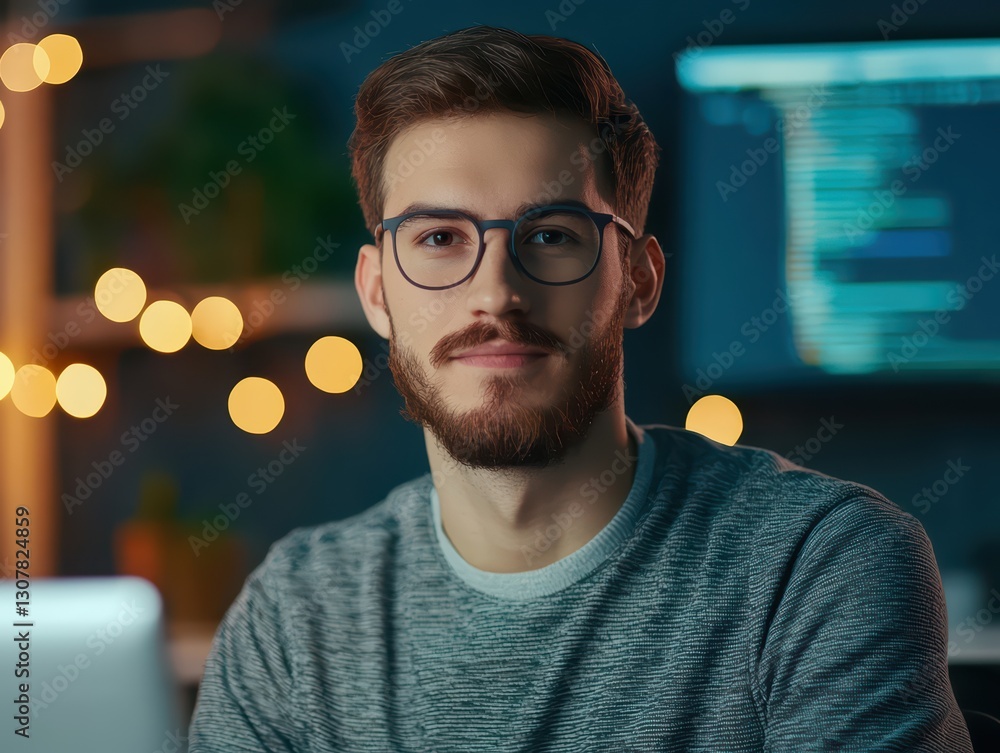 Poster young software developer in modern office environment with coding background and ambient lighting