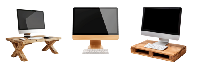 Set of Computer on Wood Desk. Isolated on Transparent Background. PNG Element.
