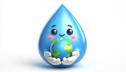 Obraz premium Funny water drop cartoon with planet Earth in hands. World Environmental Education Day