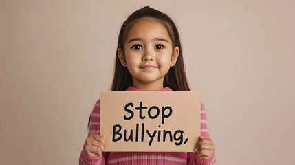 Young girl advocates against bullying classroom setting portrait inspirational mood close-up social awareness