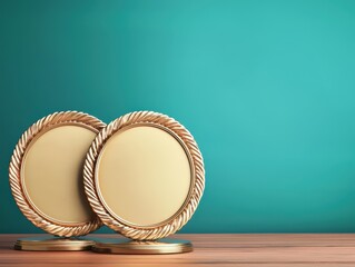 Elegant Award Plaques Neatly Arranged for Recognition on a Wooden Surface with Turquoise Background