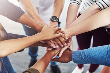 Business team, hands together and staff with collaboration, support and community. Diversity,...