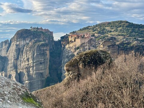 a view of monastery on a cliff in meteora greece