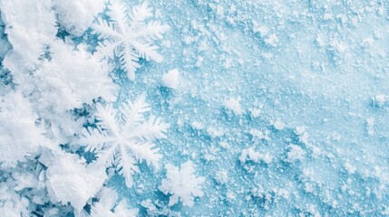 Fototapeta premium A serene winter scene featuring delicate snowflakes resting on a frosty blue surface, perfect for seasonal promotions, holiday greetings, or winter-themed designs,