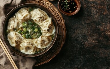 Delicious bowl of dumplings in broth, garnished with green onions, served with soy sauce.