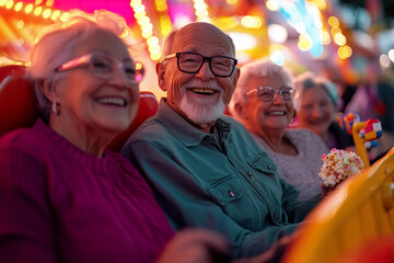 Obraz premium Happy Elderly Friends Enjoying a Fun Ride at an Amusement Park – Joyful Senior Lifestyle and Friendship