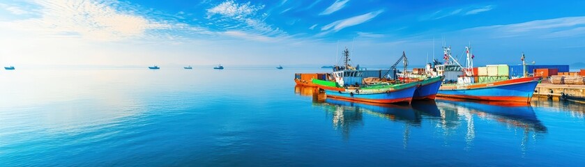 Fototapeta premium Colorful Fishing Boats and Cargo Ships Docked at a Busy Harbor with Calm Waters and Blue Sky
