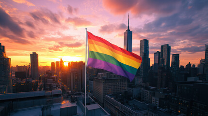 A Rainbow LGBTQ+ Flag Proudly Displayed on a Rooftop During Sunset, Overlooking a City Filled with Tall Skyscrapers and Streets Buzzing with People, Symbolizing Inclusivity