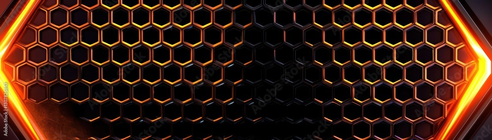 Poster futuristic metallic grid texture with glowing edges in a dark background