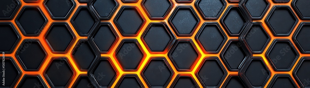 Poster futuristic metallic grid texture with glowing edges in honeycomb pattern design