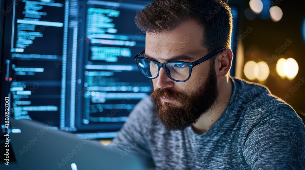 Poster focused programmer designing 3d environments in gaming industry at night